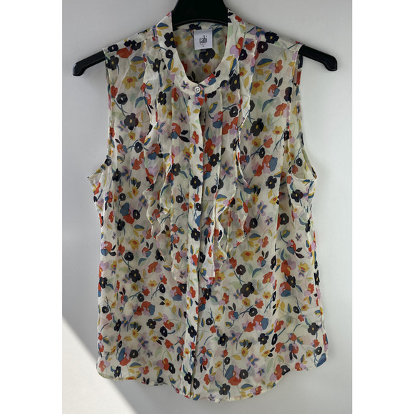 Cabi Tux Ruffle Sleeveless Sheer Blouse #6108 Floral Multi-Colored Top Sz Large - Picture 9 of 10